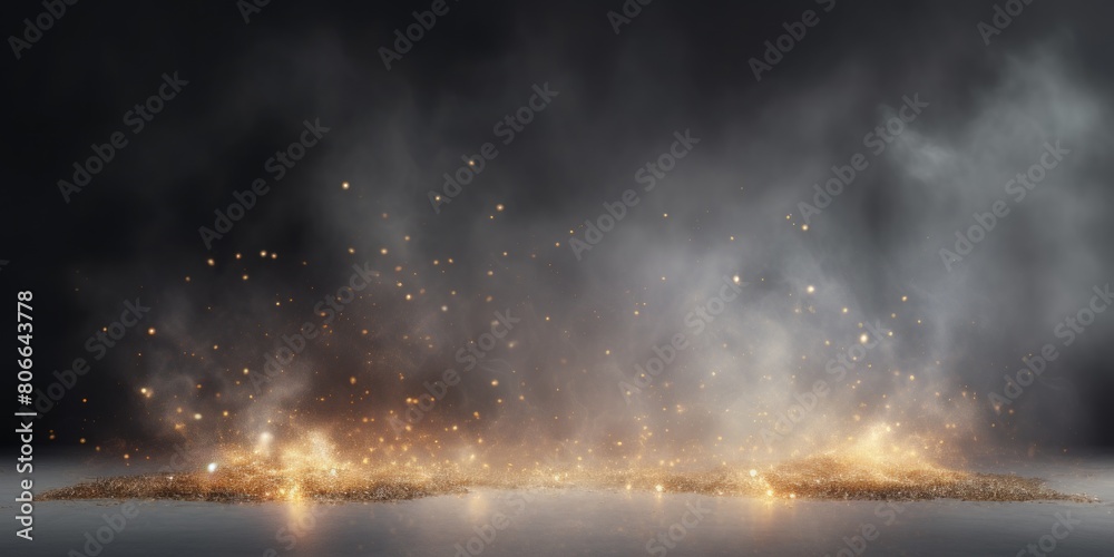 Gray smoke empty scene background with spotlights mist fog with gold glitter sparkle stage studio interior texture for display products blank 