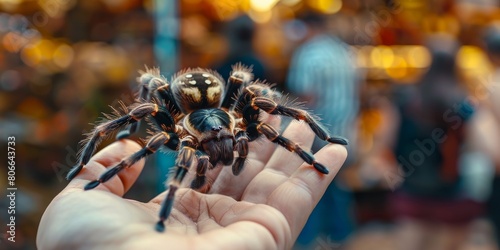 A large tarantula is sitting on a person's hand. The tarantula is brown and black with hairy legs. The person's hand is holding the tarantula's abdomen. The background is blurred.