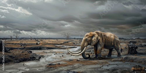 A large elephant-like creature walks through a desolate landscape. The sky is dark and cloudy, and the ground is cracked and dry.