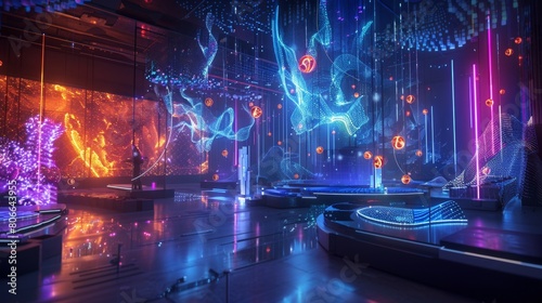 A person stands in a futuristic control room surrounded by vibrant 3D holographic displays and dynamic data visualizations. photo