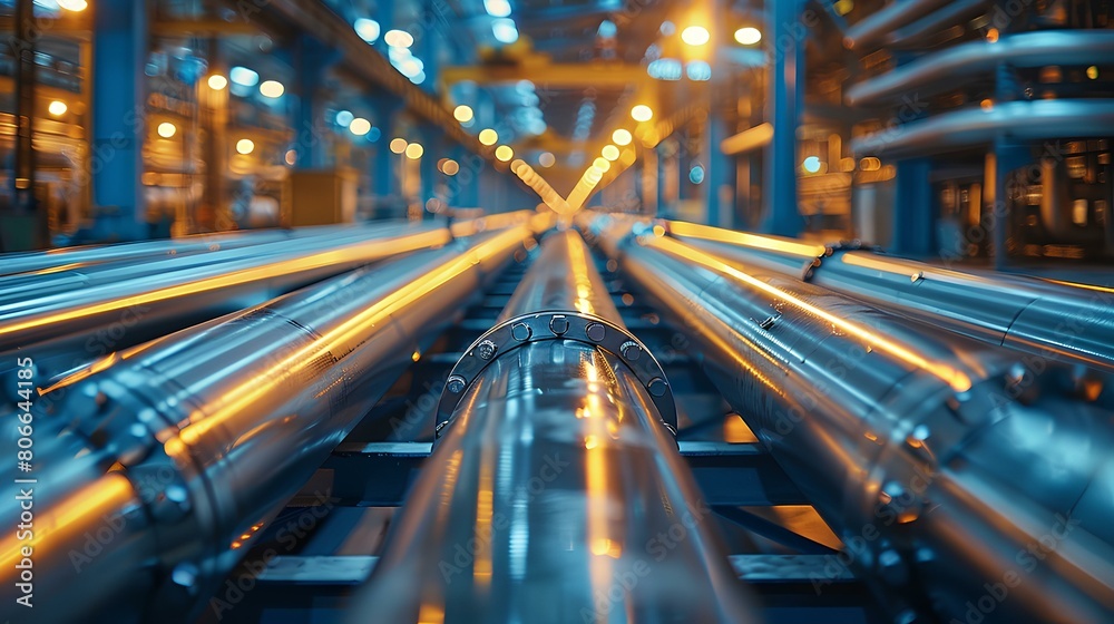 Illuminated Industrial Pipeline, in Factory Setting,Low-angle view of a large, illuminated industrial pipeline with orange lights in a factory setting, showing intricate details.

