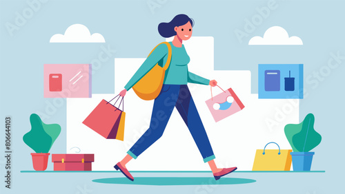 A shopaholic walking through a mall seeing all the sales and new products but sticking to their budget and only purchasing what they truly need.. Vector illustration