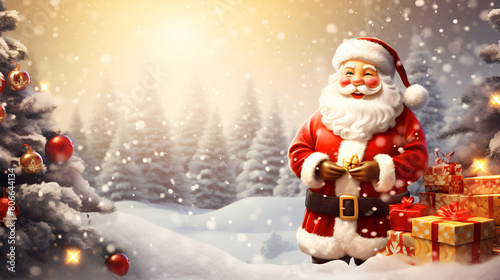 Santa Claus at snow on Merry Christmas and  decorate gifts presents on holiday eve Santa home Santa Mail and looking so nice with trees and snowy background  © save future