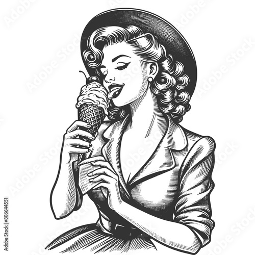 smiling vintage woman holding a spoon and a delightful ice cream sundae, evoking classic dessert enjoyment sketch engraving generative ai fictional character raster illustration. Black and white image