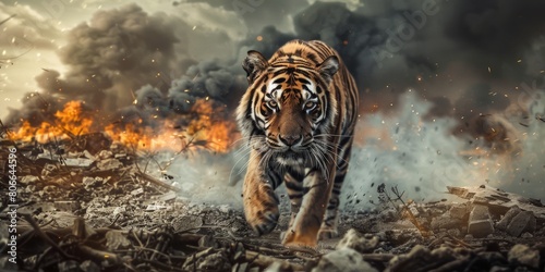 A tiger is walking through a burning forest