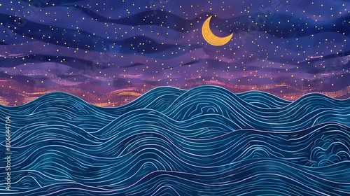 light blue purple bright moon on sea illustration poster background