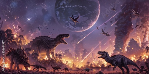 An illustration of a dinosaur escaping a meteor shower. photo