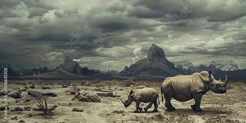 An image of two rhinoceroses walking in a dry  desert-like landscape