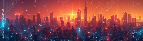 A futuristic cityscape. The city is full of skyscrapers and neon lights. The sky is dark and there are stars in the sky.
