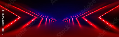 Red led light tunnel on black background. Vector realistic illustration of abstract neon arch illumination glowing on dark stage, laser beam corridor for nightclub decoration, futuristic cyber space photo