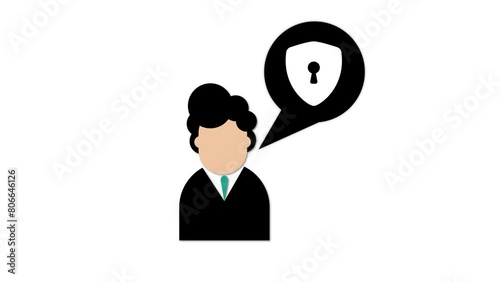 Person with lock icon in a speech bubble animated on a white background.
