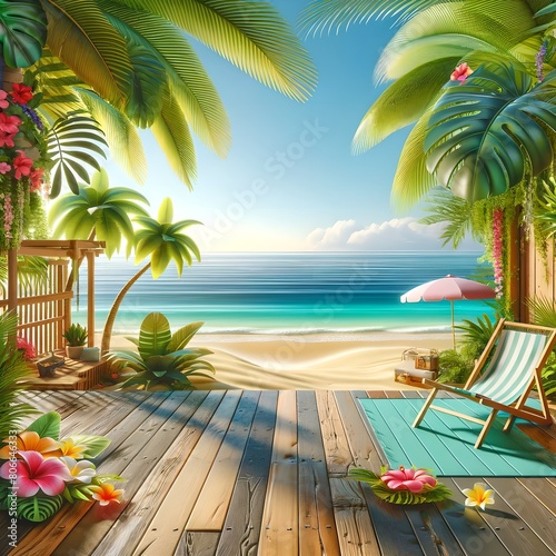 3D Tropical Beach Scene with Beach Chair on Wooden Terrace