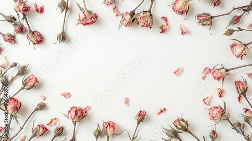 Flowers composition, Frame made of dried rose flowers on white background, Flat lay, top view, copy space, Template, blank, card for design for St, Valentine's Day, background summer leaf nature