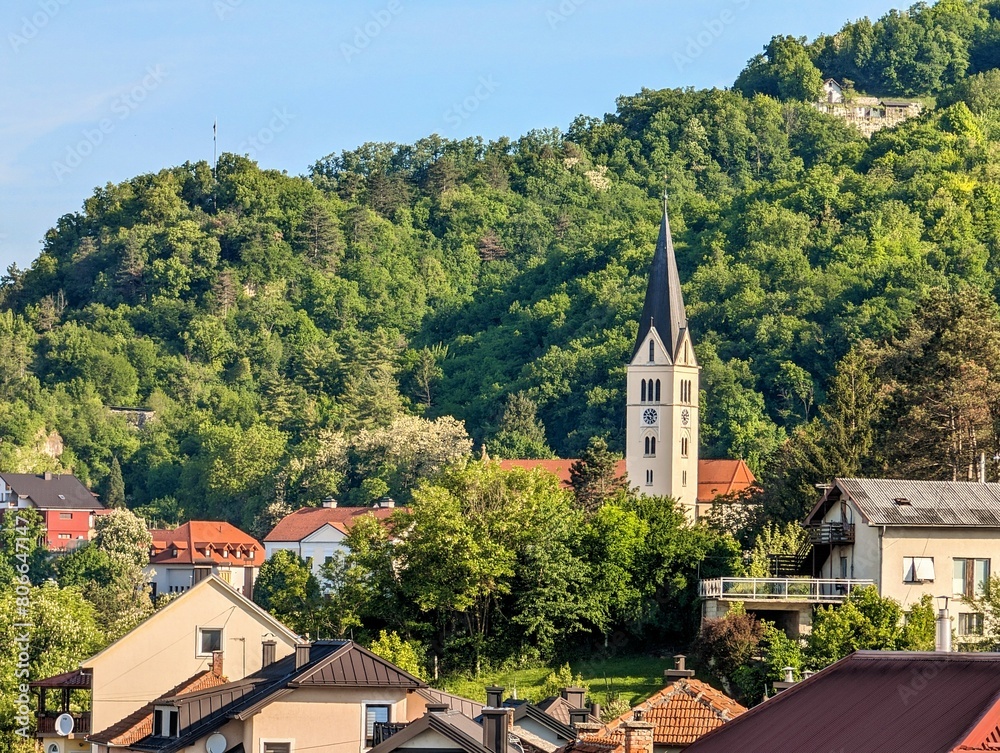 Beautiful hillside cityscape, St Nicholas Parish Church in Krapina, Croatia, Hrvatsko zagorje, buildings and architecture background, wallpaper