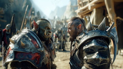 Battle of orcs and paladins, the world of warcraft. A man and an orc face to face, the confrontation of the warriors. Orc and men in armor photo