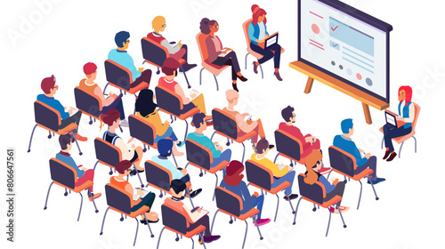 Business training or courses concept. Design for web banner, infographics, hero images. Flat isometric vector illustration on white background. Training new employees for a job. Infosession.