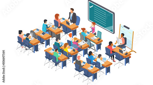 Business training or courses concept. Design for web banner, infographics, hero images. Flat isometric vector illustration on white background. Training new employees for a job. Infosession.