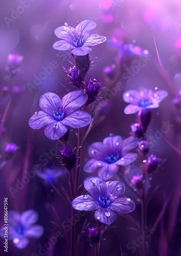 A bunch of purple flowers with dew drops on them