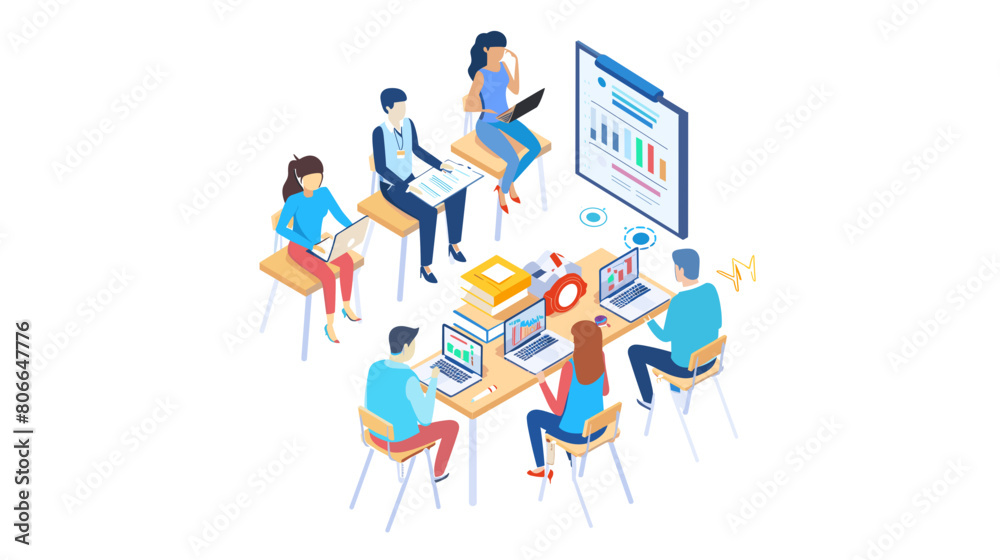 Business training or courses concept. Design for web banner, infographics, hero images. Flat isometric vector illustration on white background. Training new employees for a job. Infosession. Business training or courses concept. Design for web banner, infographics, hero images. Flat isometric vector illustration on white background. Training new employees for a job. Infosession.