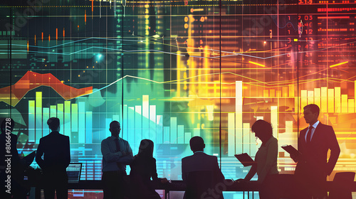 Business team analyzing data with colorful financial graphs and charts