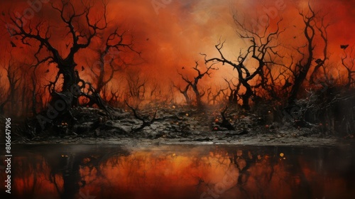 Abstract beautiful gothic black forest under a red sky with reflection in the water.