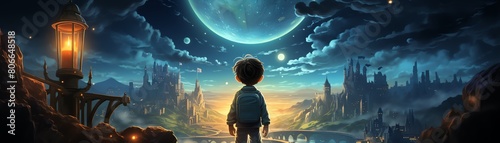 Nighttime adventure scene of a boy engineer holding a lantern, stars reflecting in a mystical dimensional gate