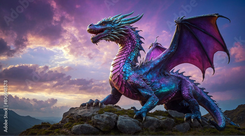 A majestic dragon soars overhead  its iridescent scales glinting in the light.