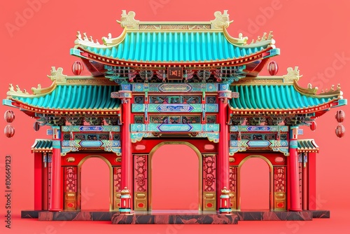 3d illustration of chinese ancient building model on background © Koon