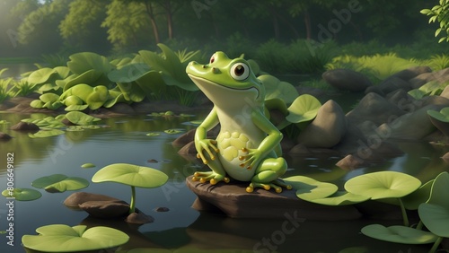 At the edge of the tranquil lake, a frog emerged, its sleek body glistening in the sunlight. © Rukhsana