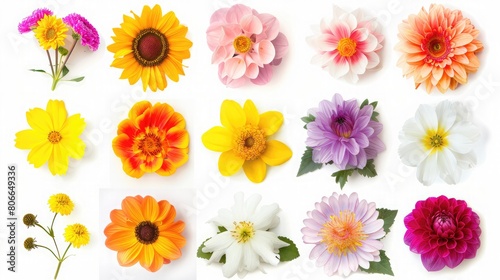 There is a large selection of various wildflowers isolated on a white background,Set of colorful seasonal blooms,Macro photo of flowers set, rose, arnica montana, daffodil, blue periwinkle etc photo