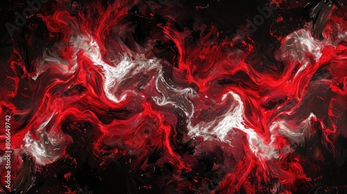 Bright red and pure white marbled swirls on a black backdrop with a marble effect.