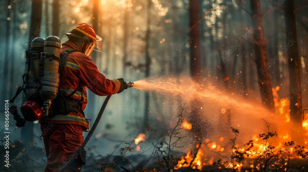 Firefighter Extinguishing a Wildfire in the Forest. Generative ai.