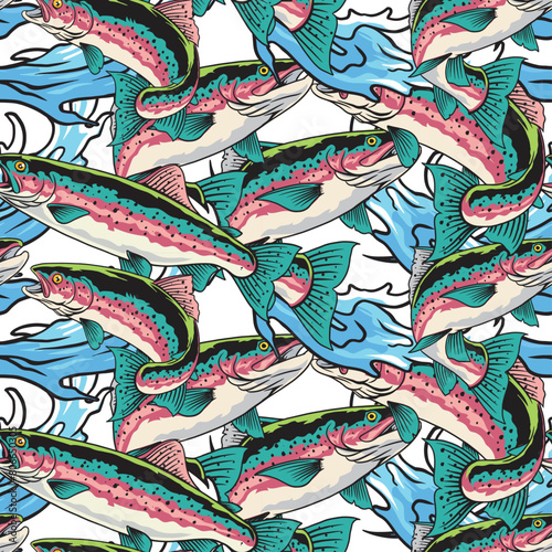 Vector Illustration of Rainbow Trout Fish and Waves with Vintage Illustration Available for Pattern