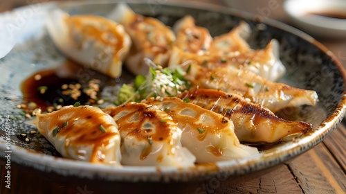 Homemade gyoza or Asian fried dumplings served with sauce and spring onion slide. Delicious Homemade Gyoza with Dipping Sauce. Asian Fried Dumplings Ready to Enjoy