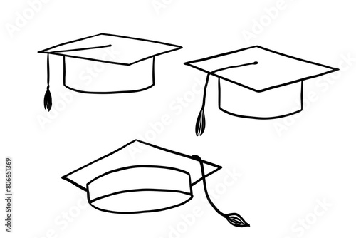 Graduate hat line icons set. Hand drawn university cap in doodle style. Academic hat monochrome illustration © Elena