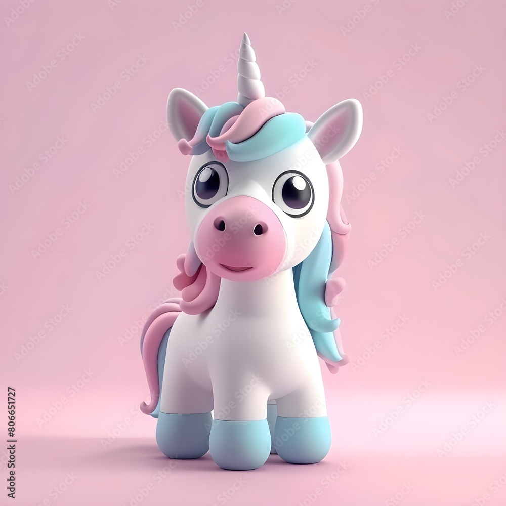 3D rendering of a cute and colorful unicorn The unicorn is sitting on a white background and has a rainbow colored horn and mane. Whimsical Rainbow Unicorn. 
Adorable 3D Unicorn Illustration