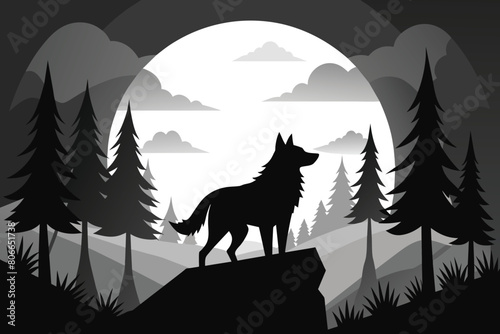 wildlife wolf silhouette forest landscape black and white vector illustration © mobarok8888