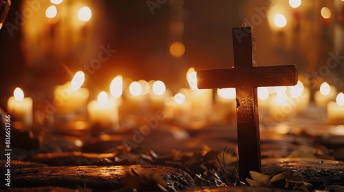 Close up of Christian wooden cross with burning candles in background