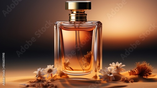 A bottle of perfume spray with flowers on desert