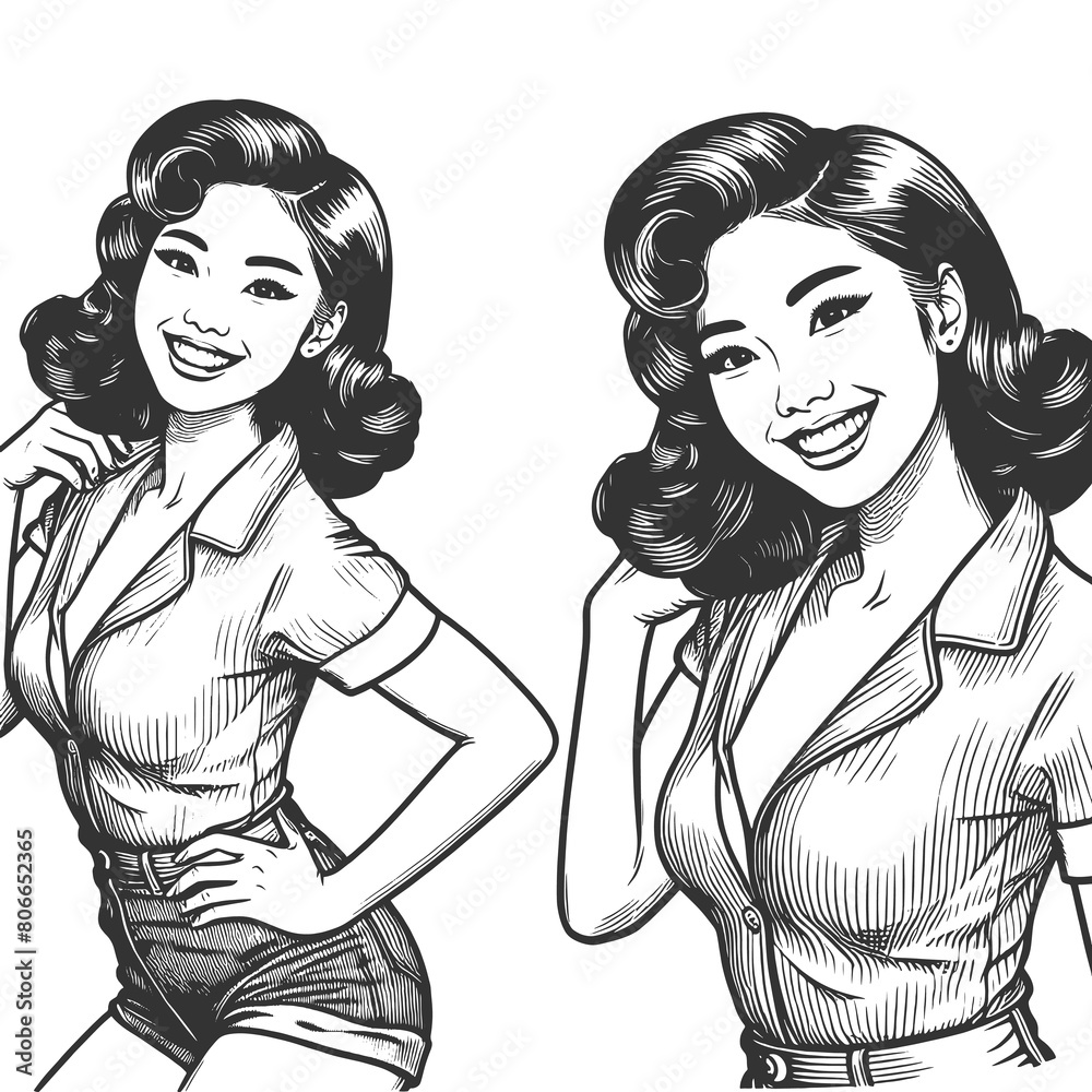 retro women, classic hairstyles and radiant smiles, spirit of vintage fashion sketch engraving generative ai fictional character raster illustration. Scratch board imitation. Black and white image. retro women, classic hairstyles and radiant smiles, spirit of vintage fashion sketch engraving generative ai fictional character raster illustration. Scratch board imitation. Black and white image.