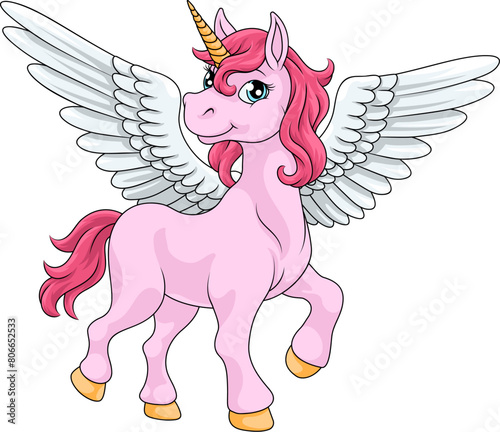 Unicorn Pegasus horse with wings and horn cartoon mythological animal from Greek myth illustration