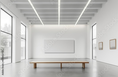 A large, empty room with white walls and a white board on the wall,A white wall in an art gallery with large windows on the left and right sides, a modern light ceiling, 3 rectangular wooden benches