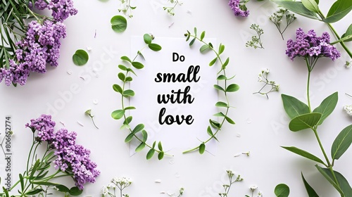 inspirational quote "Do small things with great love" written in calligraphy style on paper with wreath frame with lilac and chamomile isolated on white background, flat lay, overhead view, top view