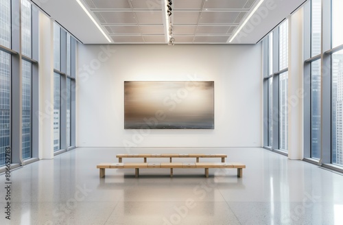 A large painting hangs on the wall of a large room. The room is empty and features a bench and a few chairs. The painting is a large abstract piece with a lot of white and brown tones