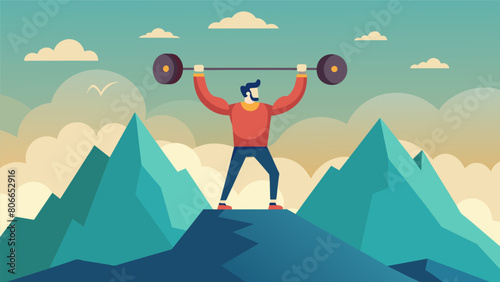 A lone weightlifter standing on a scenic mountaintop the wind blowing through their hair as they hold a heavy weight over their head.. Vector illustration