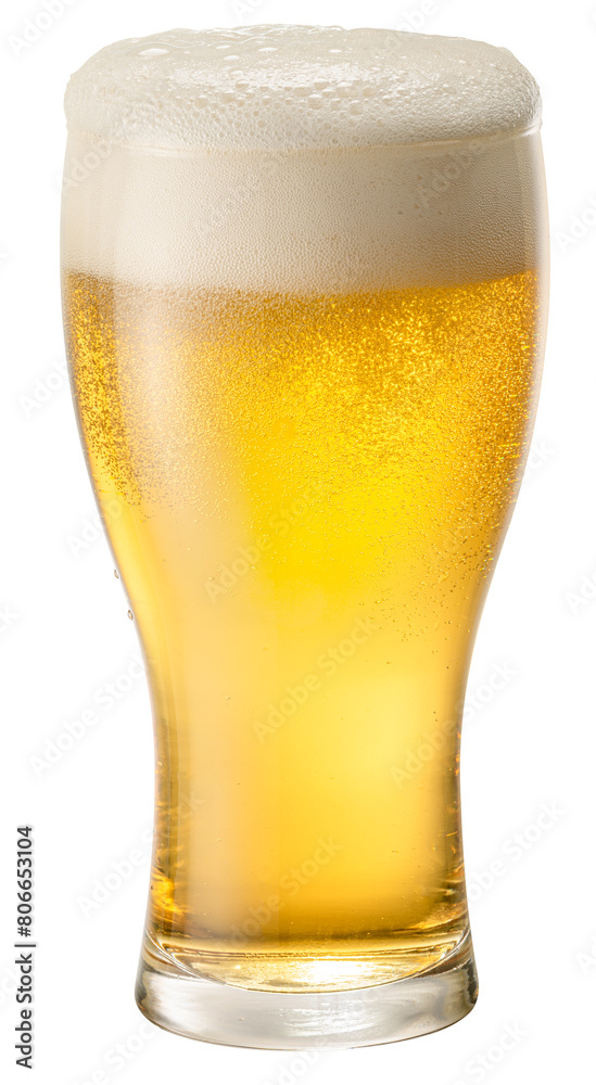 Glass of chilled light beer with beer foam head isolated on white background. Clipping path.