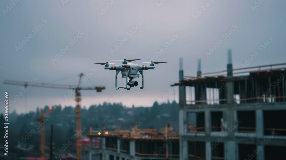 Drone hovering over construction site, capturing aerial view, AI generative. Drone hovering over construction site, capturing aerial view, AI generative.