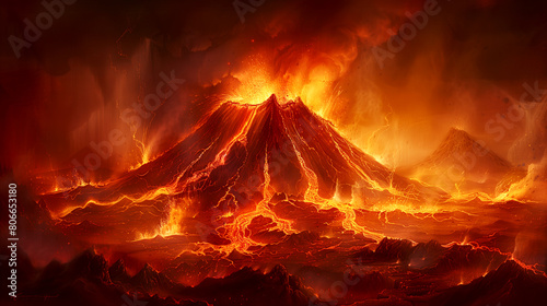 A volcano spews lava, creating a fiery spectacle in the sky