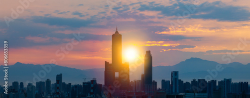 Aerial view panoramic of kaohsiung city harbor at sunrise ,Taiwan.