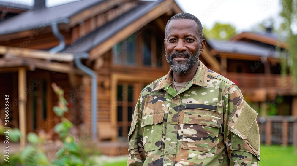 A man in a military uniform stands in front of a house A man in a military uniform stands in front of a house